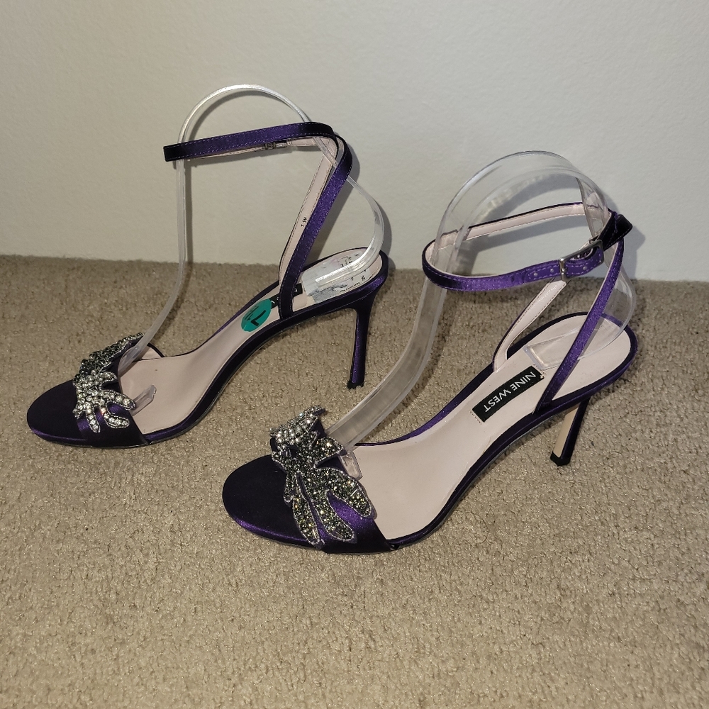Purple violet sandals heels coral reef fish rhinestone black faux diamonds